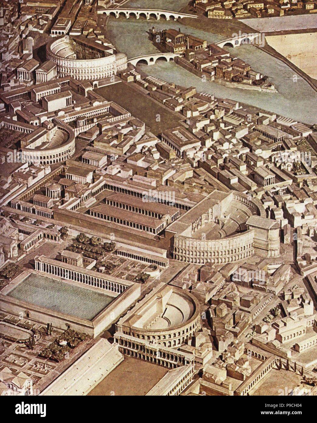 Modell des Campus Martius und die Gebäude der Theater des Pompeius. Museum: MUSEO DELLA CIVILTA ROMANA. Stockfoto