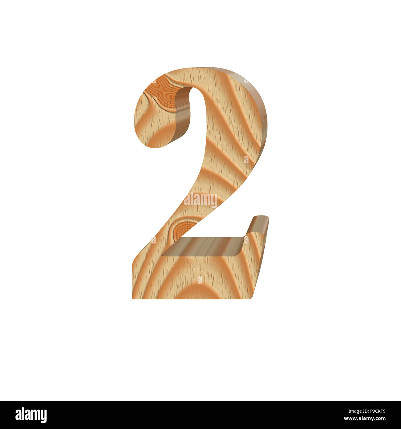 Holz Zahl 2 (zwei) auf weißem Hintergrund. Textur aus Holz. Teil des ursprünglichen Alphabet Schrift. Volumetrische alphabet Design. 3D-Darstellung Stockfoto