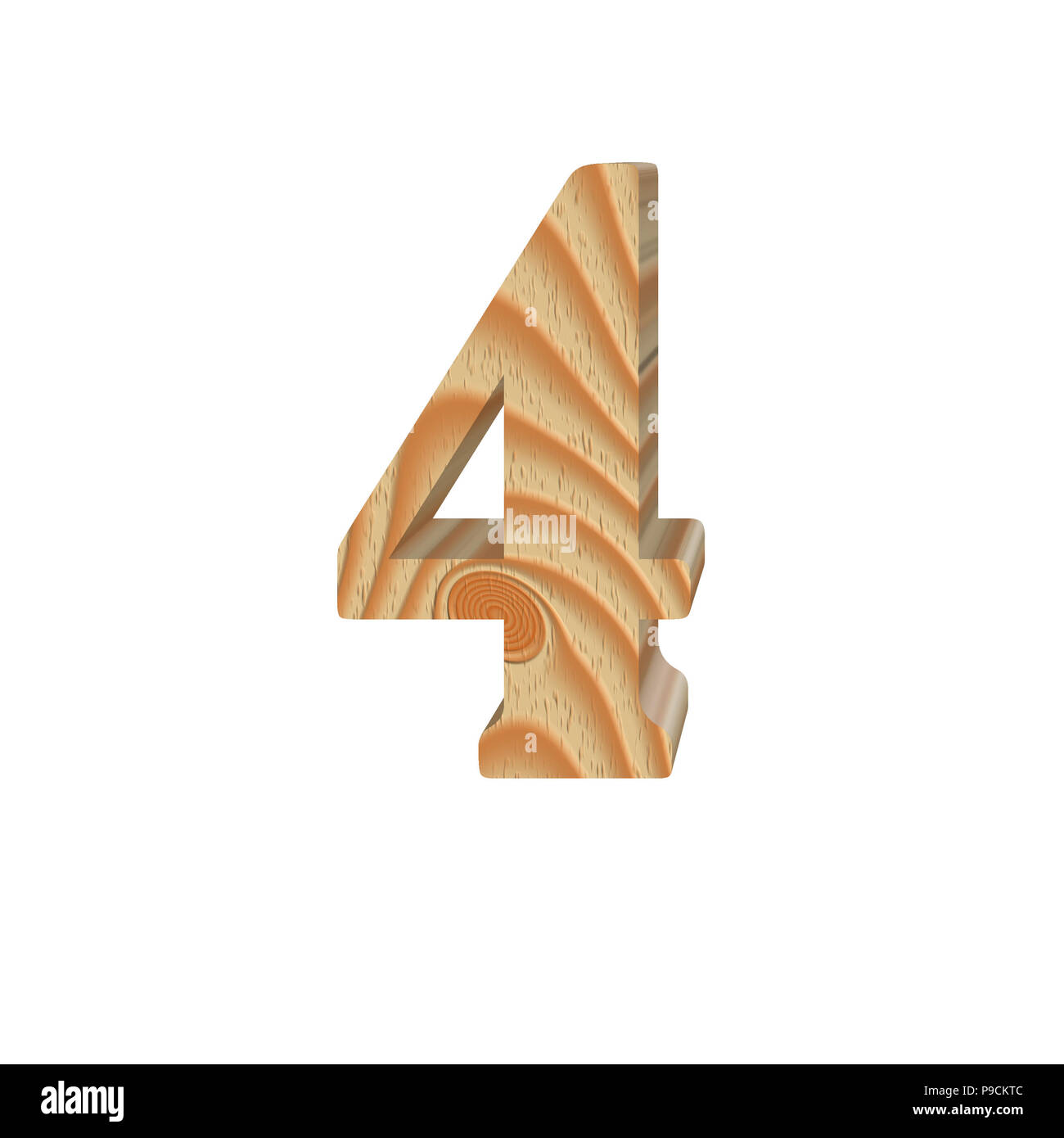 Holz Zahl 4 (vier) auf weißem Hintergrund. Textur aus Holz. Teil des  ursprünglichen Alphabet Schrift. Volumetrische alphabet Design.  3D-Darstellung Stockfotografie - Alamy