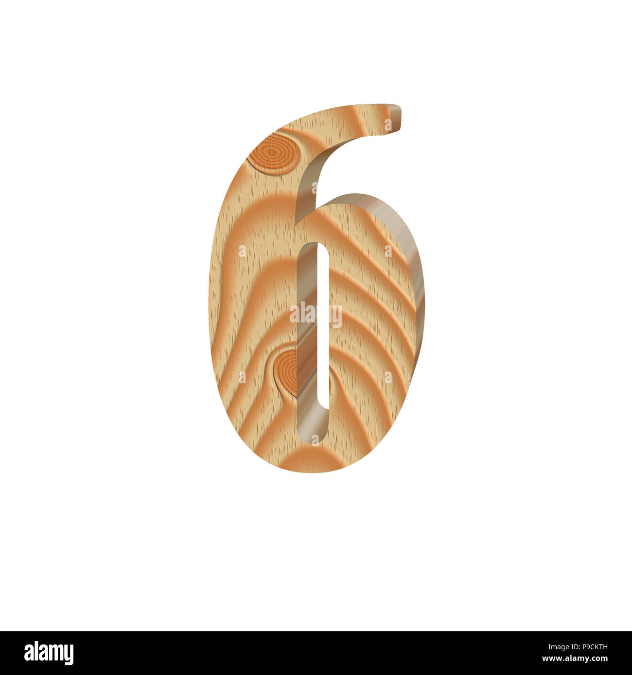 Holz Zahl 6 (sechs) auf weißem Hintergrund. Textur aus Holz. Teil des ursprünglichen Alphabet Schrift. Volumetrische alphabet Design. 3D-Darstellung Stockfoto