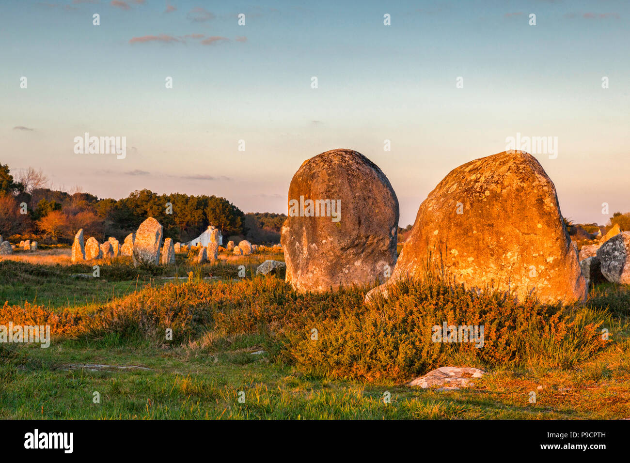 Carnac standing stones oder Ausrichtungen, Bretagne, Frankreich, Abendlicht. Stockfoto