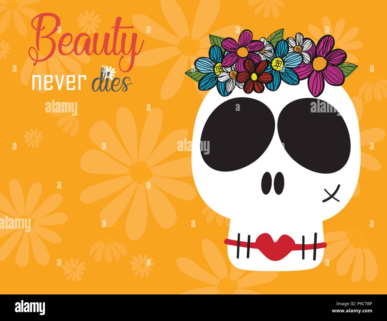 Lustige Schädel Dame in Blume wreathe Krone mit roten Lippen auf gelbem Hintergrund, Schönheit sterben nie Konzept Stock Vektor