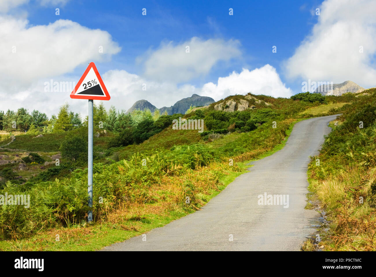 Schild und kleinen Hügel in die Landschaft mit über 25 Prozent Steigung vor, Cumbria, England Großbritannien Stockfoto