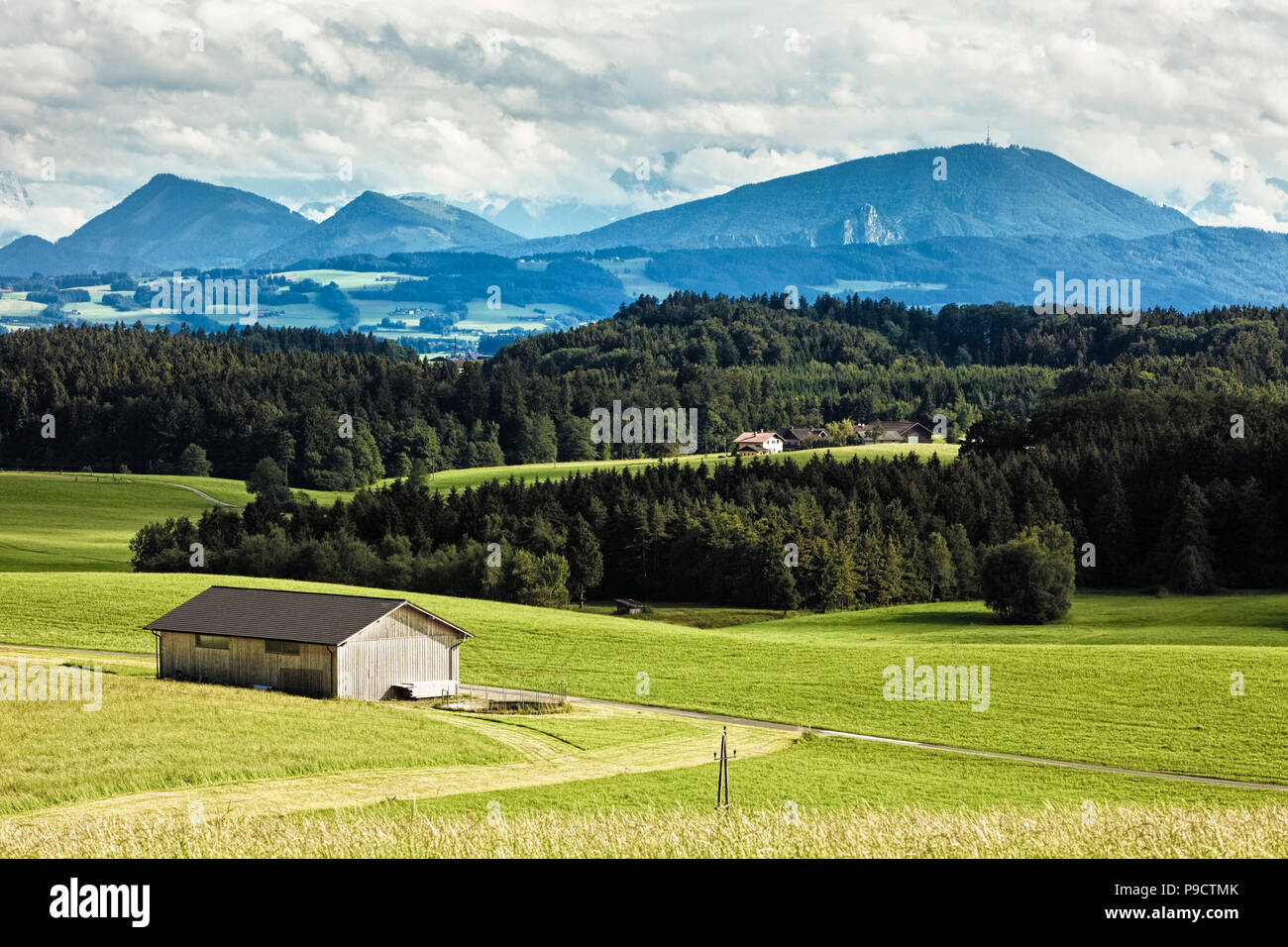 Österreich, Landschaft. Blick auf die Österreichischen Alpen über die hügelige österreichische Landschaft, Oberösterreich, Europa Stockfoto