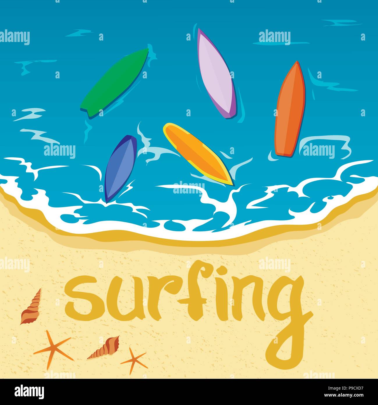 Beschriftung, Sommer Sommer und Surfen. Meer, Strand, Urlaub. Stock Vektor