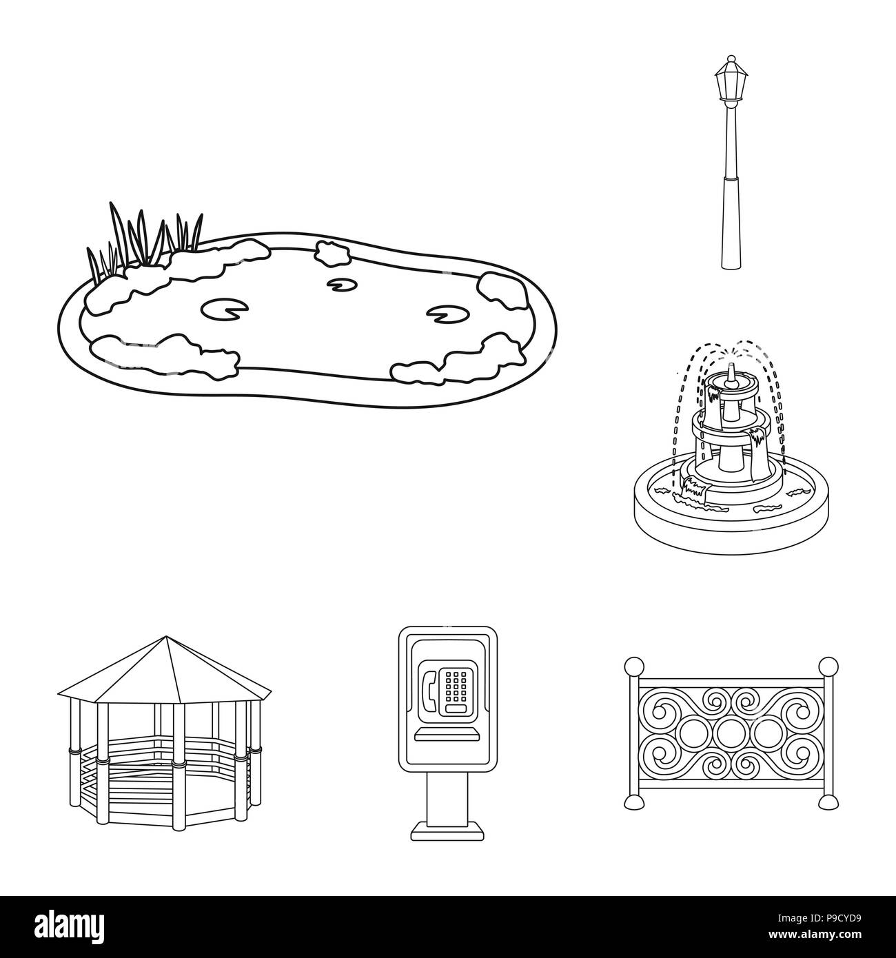 Park, Ausrüstung Gliederung Symbole im Set Sammlung für Design. Walking und Rest vektor Symbol lieferbar Abbildung. Stock Vektor