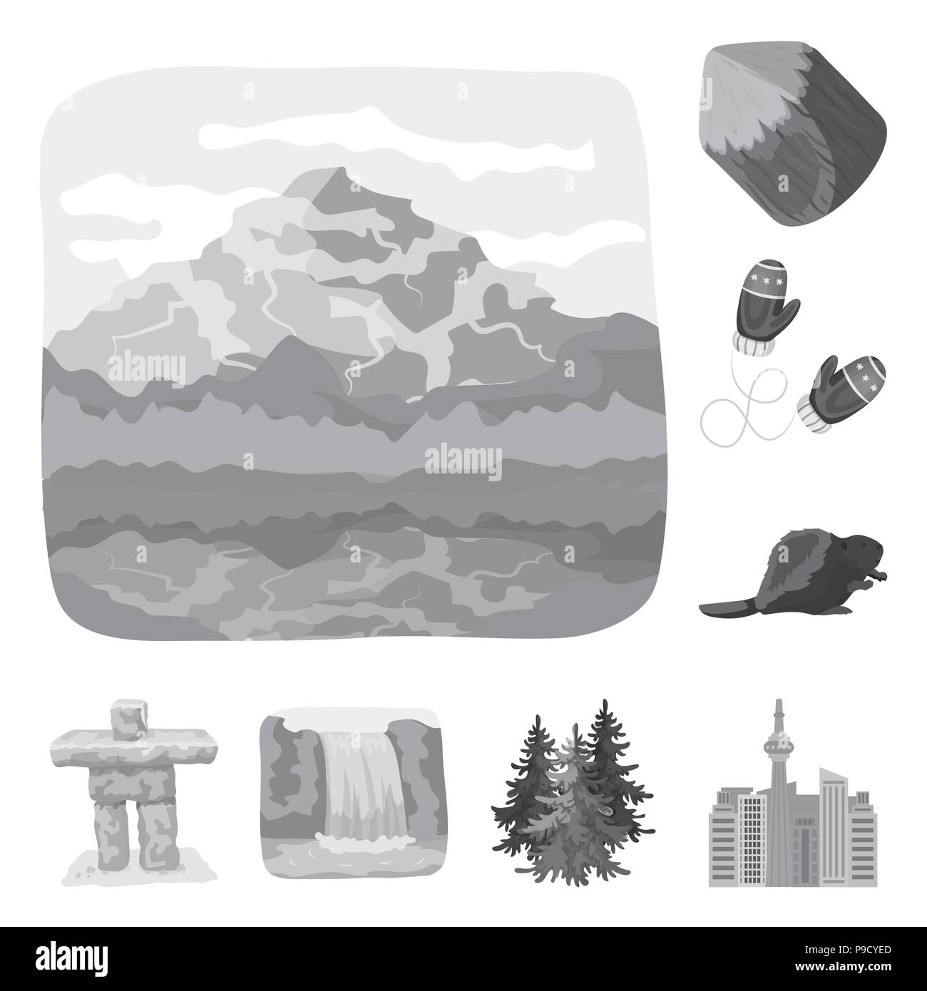 Land Kanada monochrome Icons im Set Sammlung für Design. Kanada und der charakteristische Vektor Symbol lieferbar Abbildung. Stock Vektor