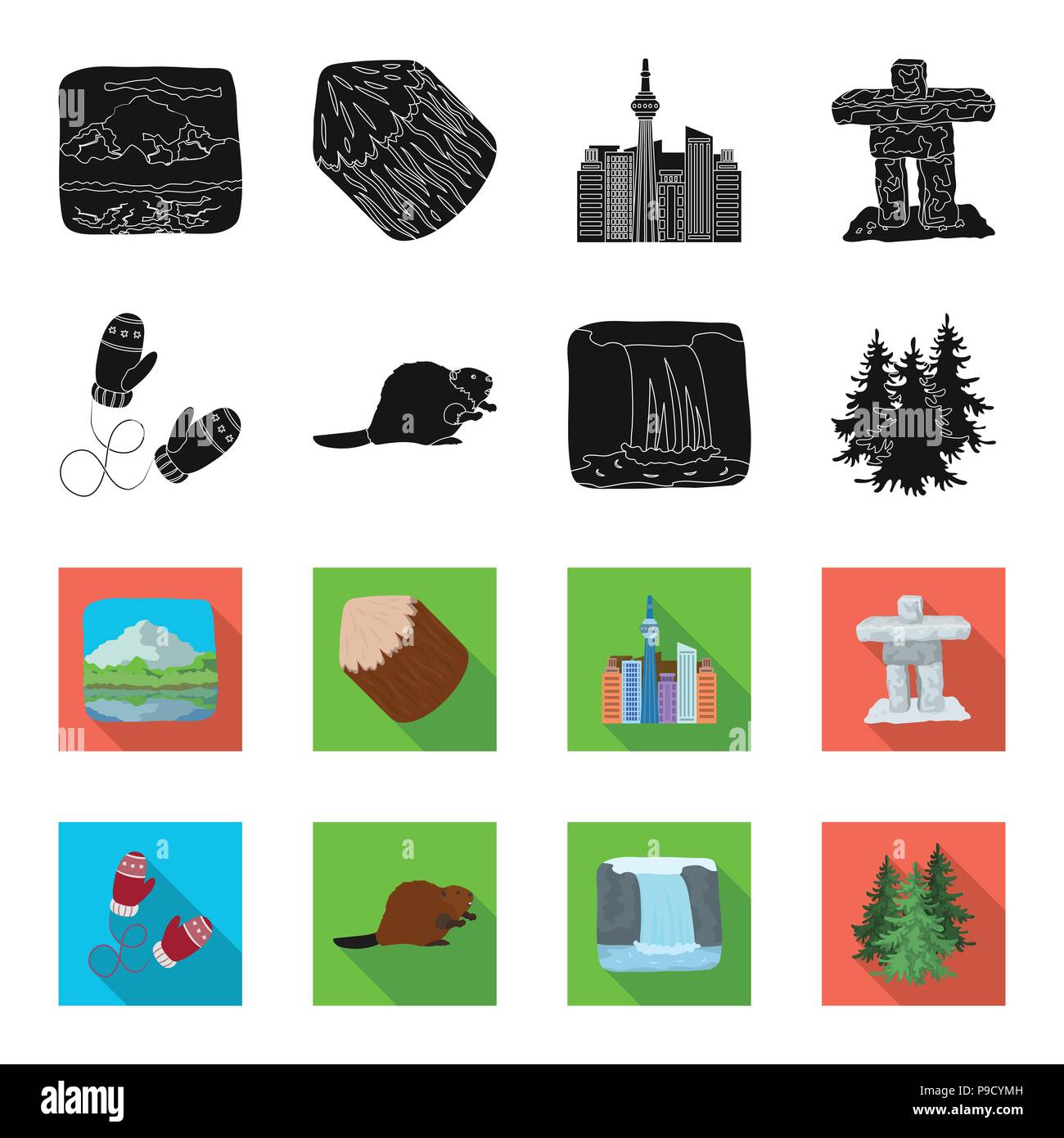 Kanadische Tanne, Biber und andere Symbole von Kanada. Kanada Sammlung Icons in Schwarz, flet Stil vektor Symbol lieferbar Abbildung. Stock Vektor