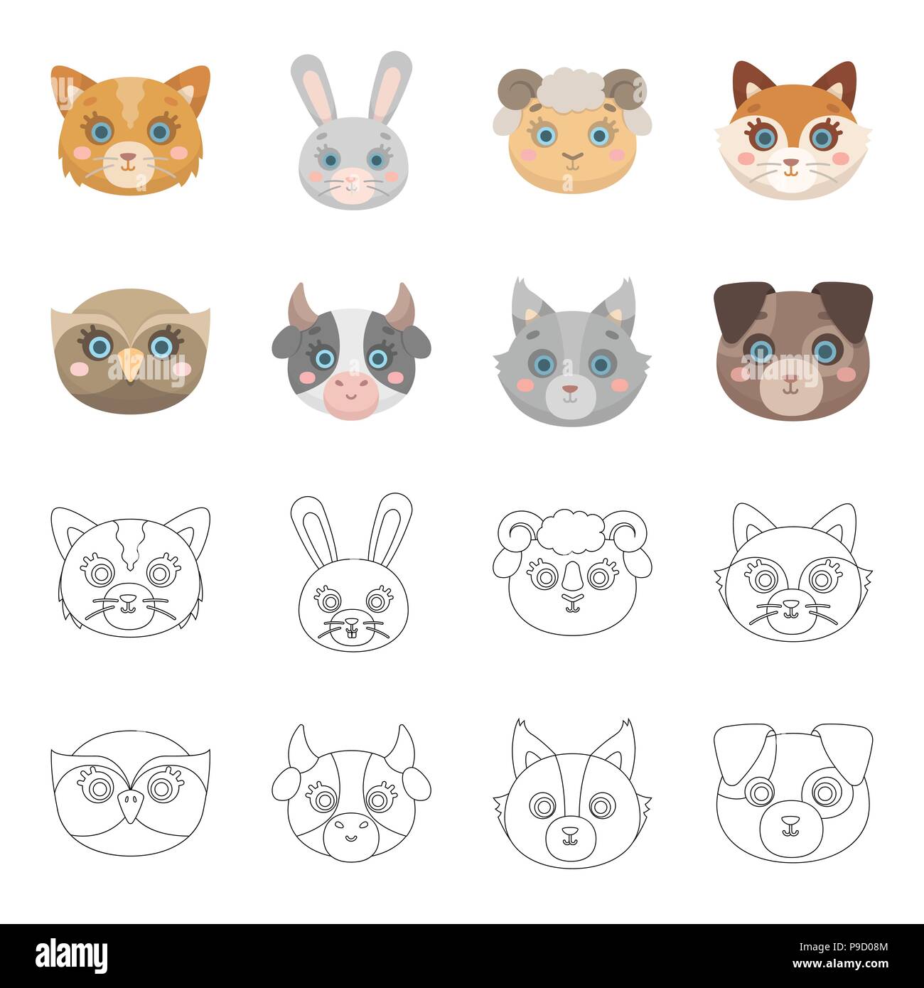eule kuh wolf hund tier schnauze set sammlung icons im cartoon outline of wolf
