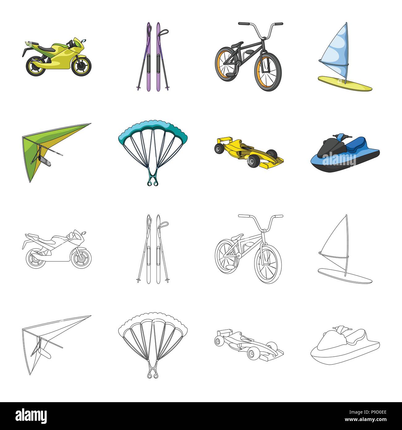 Hängegleiter, Fallschirm, Rennwagen, Wasser-scooter. Extreme Sport Set Sammlung Icons im Cartoon, Outline style Vektor Symbol lieferbar Abbildung. Stock Vektor