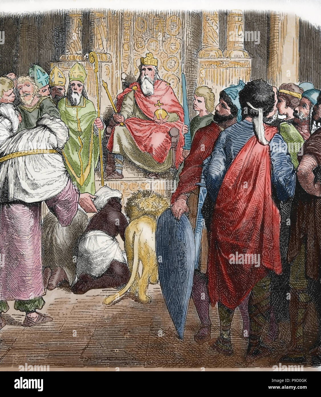 Gericht Karl der Große oder Karl der Grosse (742-814). Karolingischen Reiches. Gravur der Germania, 1882. Farbe. Stockfoto