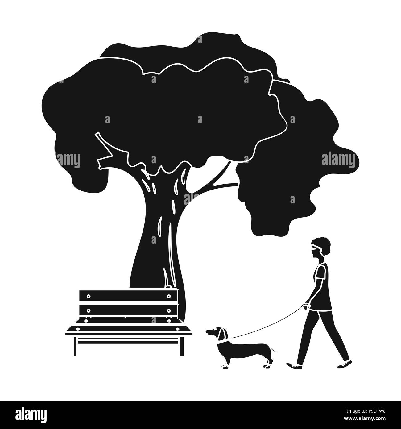 Baum und Bank, Frau geht ein Tier im Park. Haustier, Hund Pflege einzelnen Symbol in schwarz Stil vektor Symbol lieferbar Abbildung. Stock Vektor