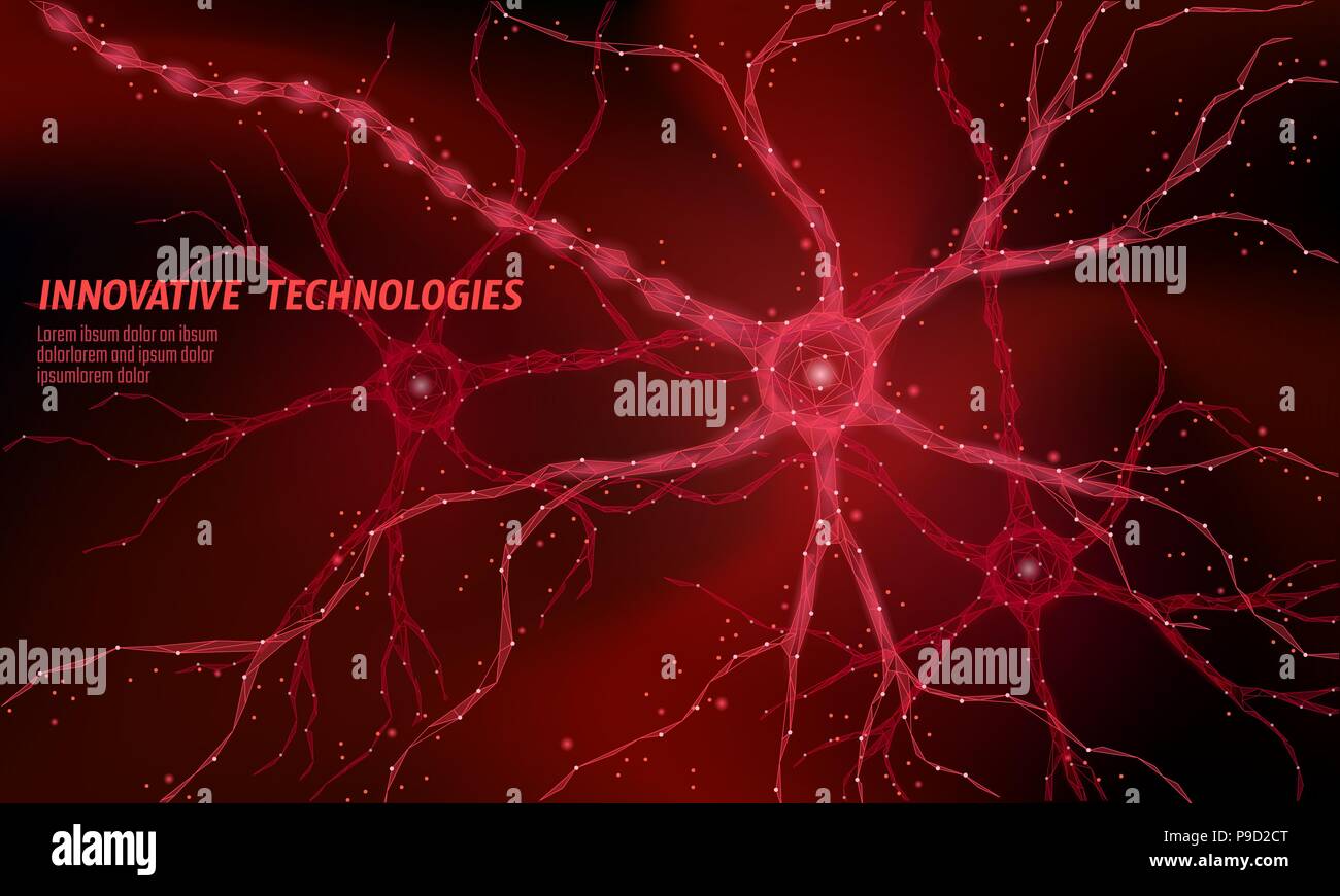 Menschliche neuron Low Poly Anatomie Konzept. Künstliche neuronale Netzwerk Technik Wissenschaft Medizin cloud computing. AI 3D abstract Biologie System. Polygonal rot glühenden Vector Illustration Stock Vektor