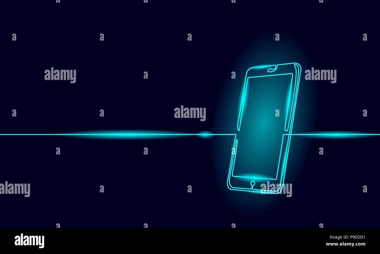 Eine durchgehende Linie kunst Smartphone. Handy Touchscreen gadget moderne Technik neon blau leuchten Design eine Skizze Maßbild Vector Illustration Stock Vektor