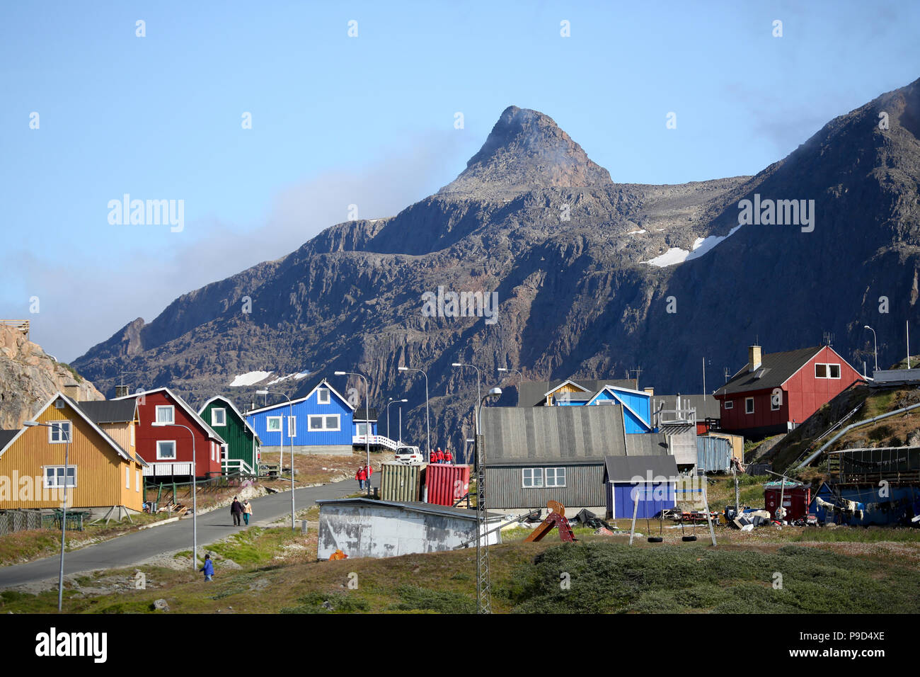 Grönland Sisimiut, bunt verstreuten Häusern. Stockfoto