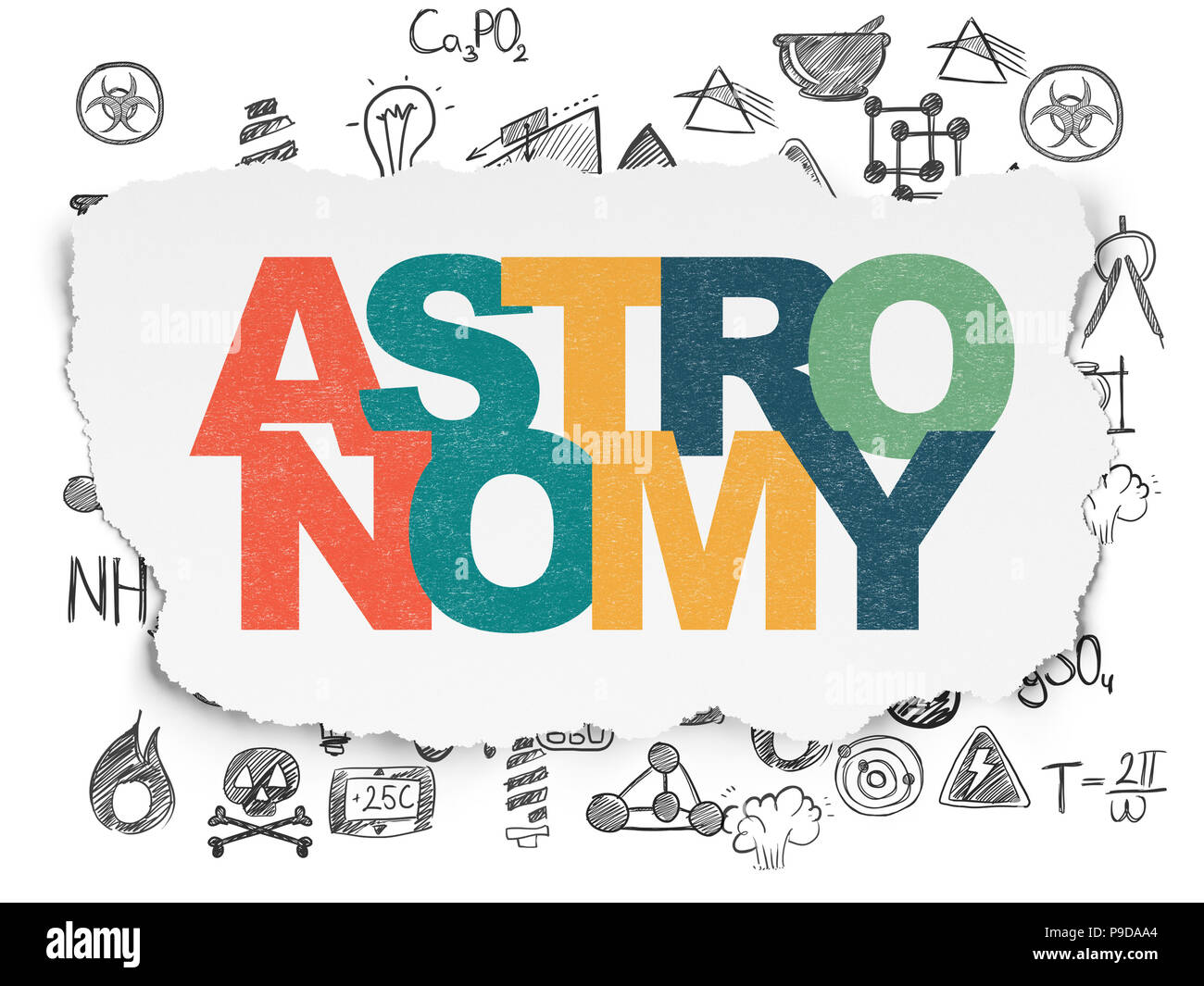 Wissenschaft Konzept: Bemalte multicolor text Astronomie auf zerrissenes Papier Hintergrund mit Hand gezeichnet Wissenschaft Symbole Stockfoto