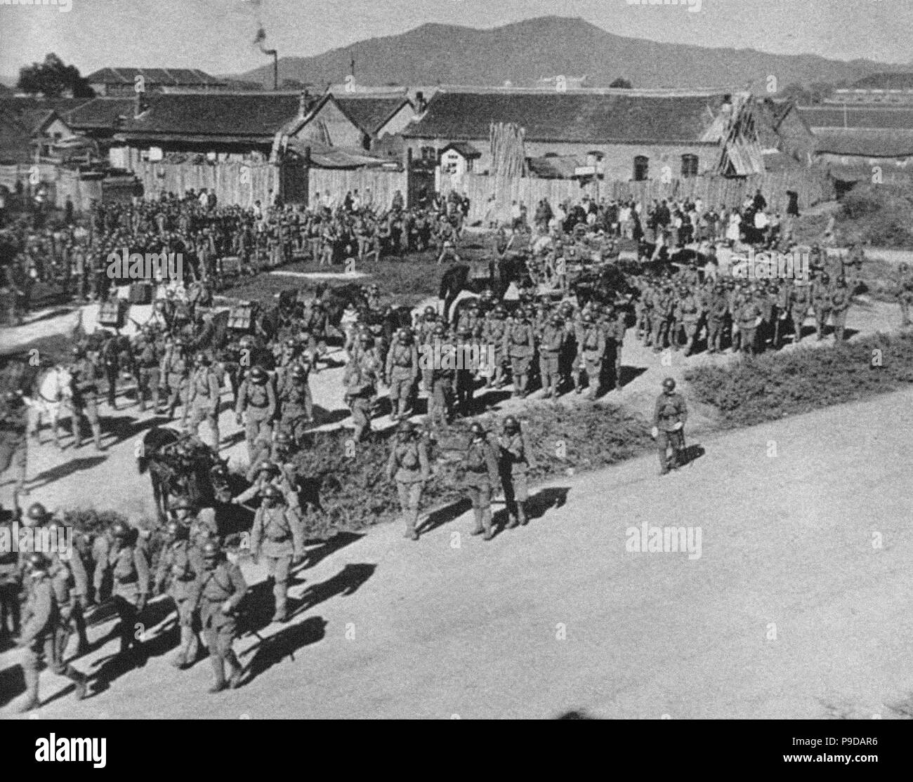 Mukden Zwischenfall. Japanische Truppen versammelten sich vor mukden, der Mandschurei, 18. September 1931. Stockfoto