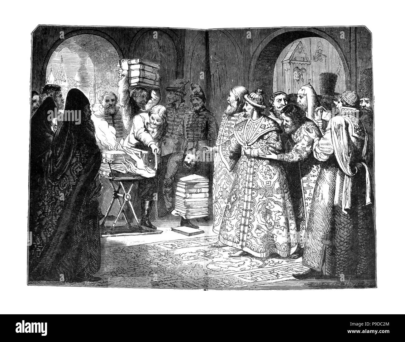 Zar Fjodor III. Brennen Sie die Bücher des russischen Adels 1682. Museum: private Sammlung. Stockfoto
