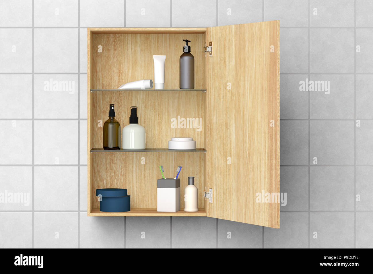 Holz- Badezimmer Schrank mit Kosmetik- und Pflegeprodukte auf weißen  Fliesen Wand mit Freistellungspfad isoliert Öffnen. 3D-Darstellung  Stockfotografie - Alamy