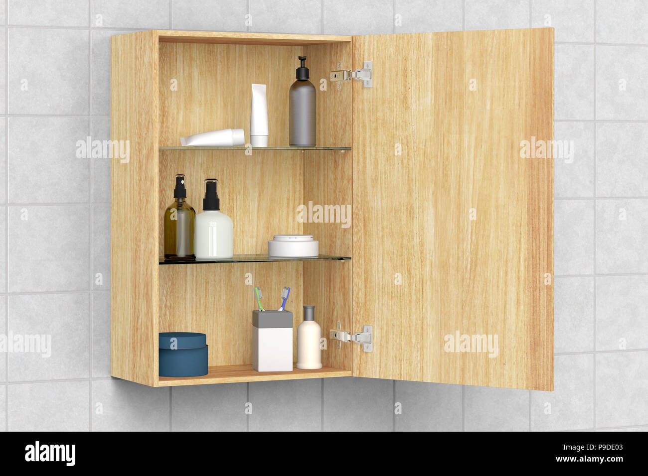 Holz- Badezimmer Schrank mit Kosmetik- und Pflegeprodukte auf weißen Fliesen Wand mit Freistellungspfad isoliert Öffnen. 3D-Darstellung Stockfoto