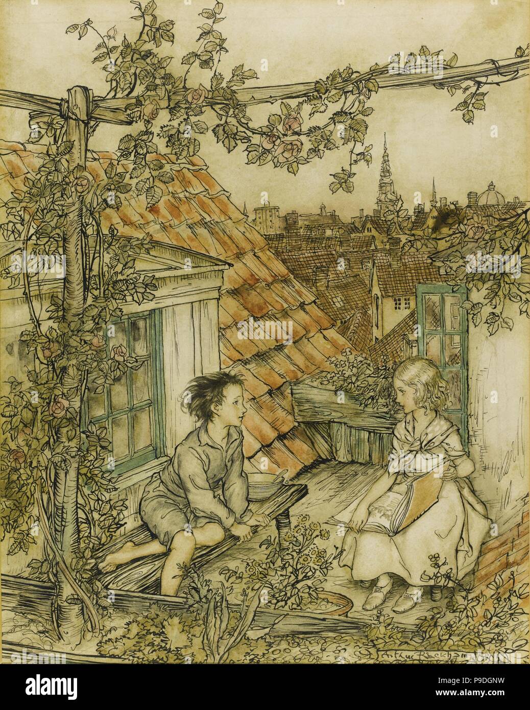 Kay und Gerda in Ihrem Garten hoch oben auf dem Dach. Illustration für das Märchen "Die Schneekönigin". Museum: private Sammlung. Stockfoto