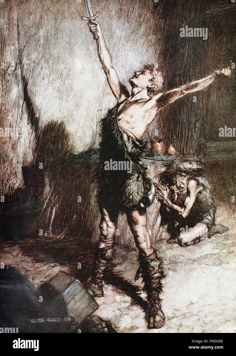Siegfried schmiedet das Schwert. Illustration für die "siegfriedkarte und die Götterdämmerung" von Richard Wagner. Museum: private Sammlung. Stockfoto