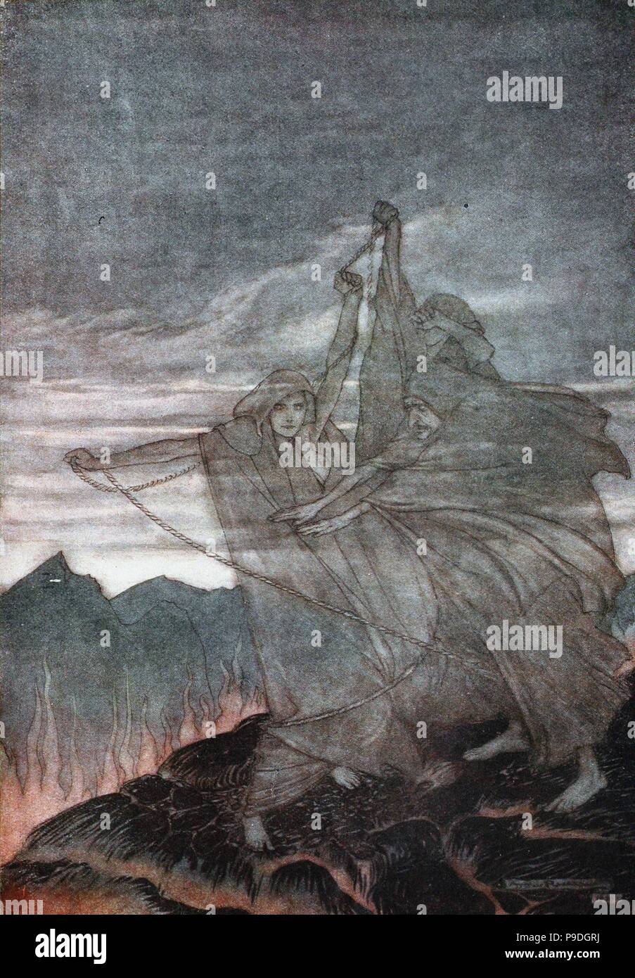 Die Norns verschwinden. Illustration für die "siegfriedkarte und die Götterdämmerung" von Richard Wagner. Museum: private Sammlung. Stockfoto