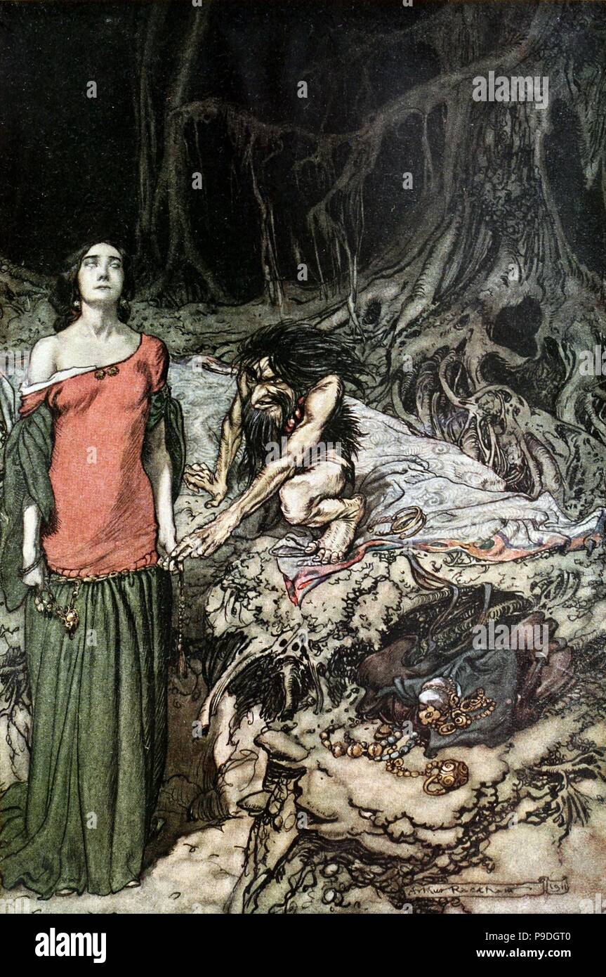 Das Werben um grimhilde, die Mutter von Hagen. Illustration für die "siegfriedkarte und die Götterdämmerung" von Richard Wagner. Museum: private Sammlung. Stockfoto