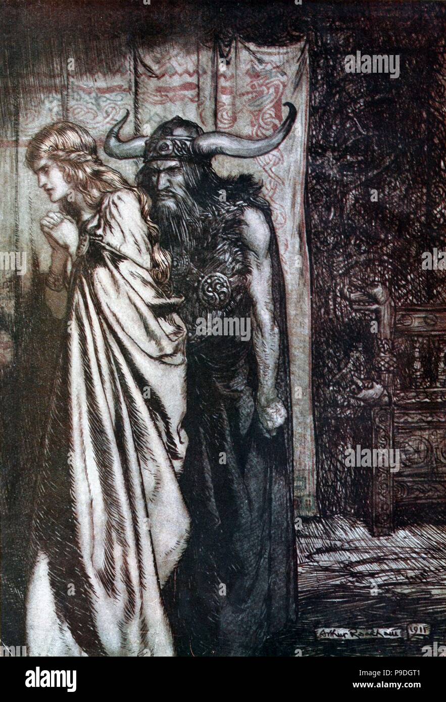 O Frau verraten ich rächen wird sie Vertrauen getäuscht! Illustration für die "siegfriedkarte und die Götterdämmerung" von Richard Wagner. Museum: private Sammlung. Stockfoto