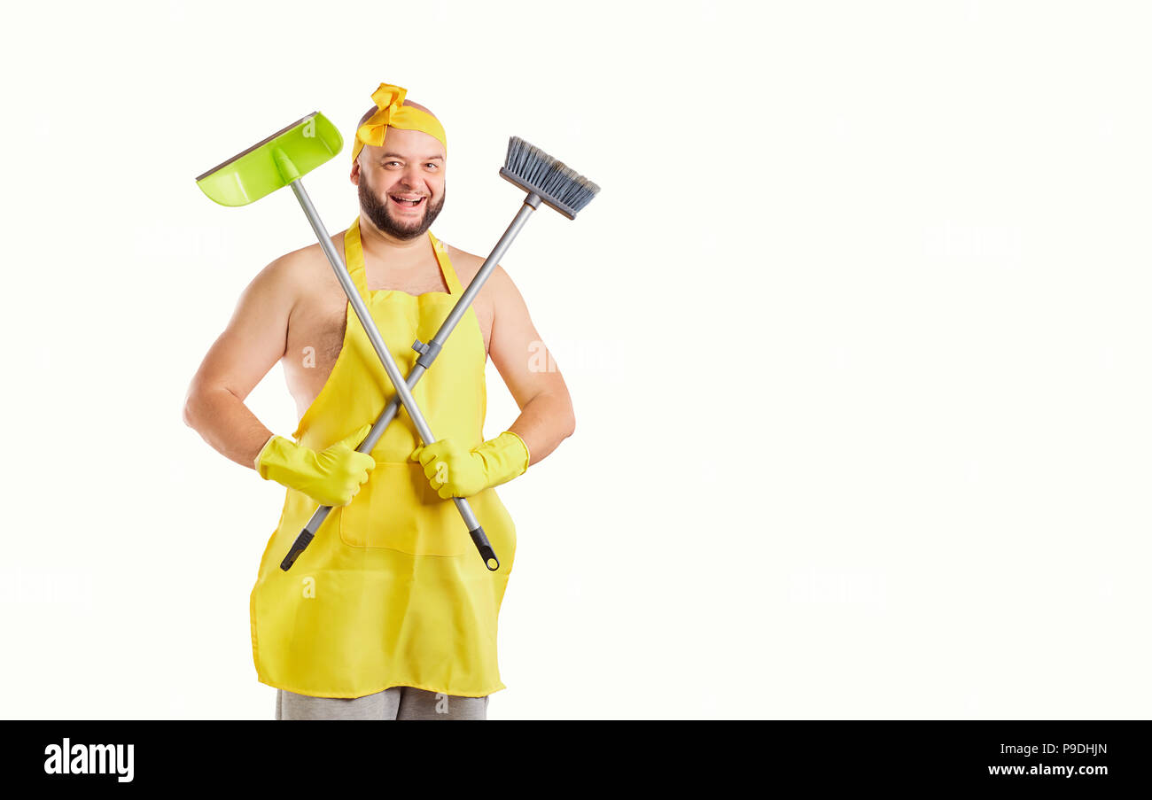 Lustig fett Reinigung Mann in eine Schürze. Stockfoto