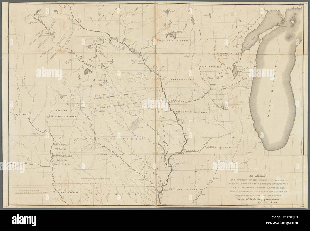 Eine Karte von einem Teil der indischen Land östlich und westlich des Mississippi Flusses zu den 40 6. Grades nördlicher Breite aus persönlicher Beobachtung im Herbst 1835 hergestellt und Stockfoto