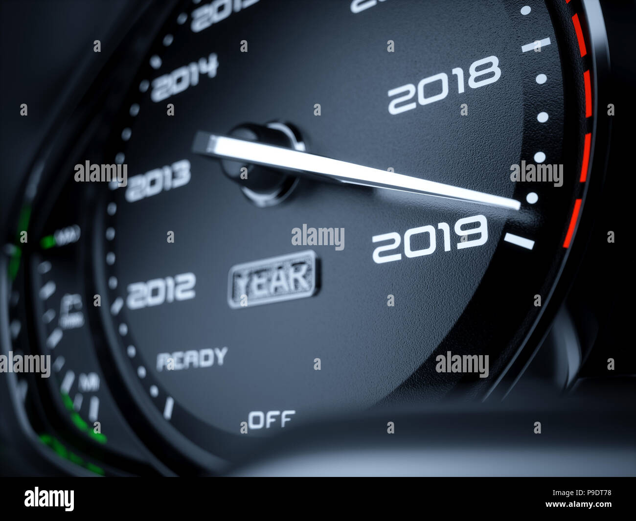 2019 Jahr auto Tacho countdown Konzept. 3D Rendering illustration Stockfoto