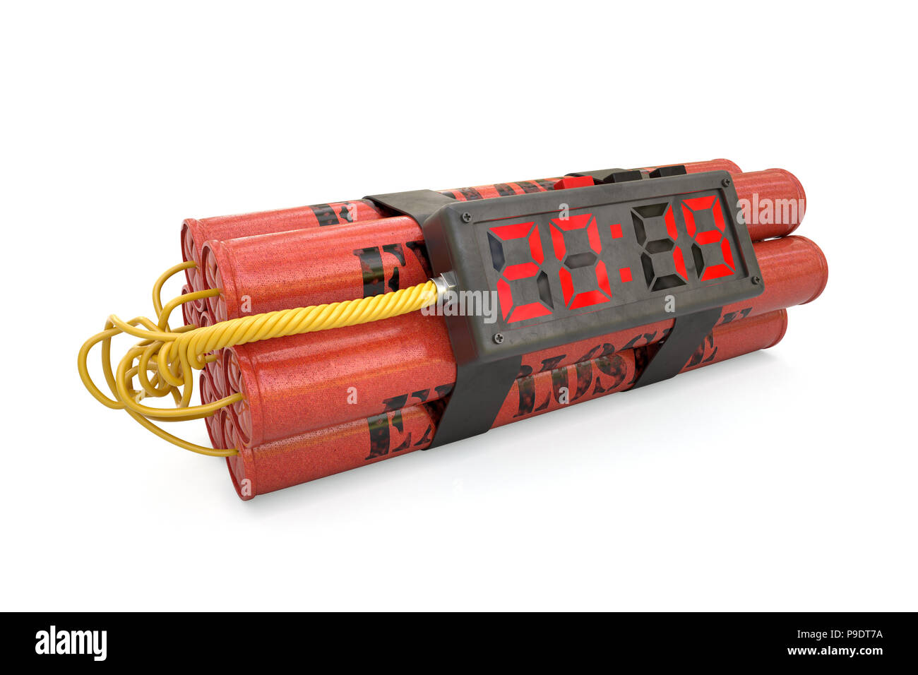 3d-Sprengstoffe mit Wecker 2019 Detonator auf weißem Hintergrund Stockfoto
