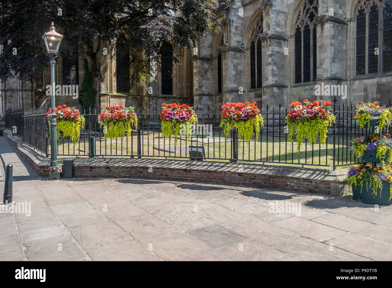 Sechs Blumenampeln in einem Halbkreis auf Geländer Stockfoto