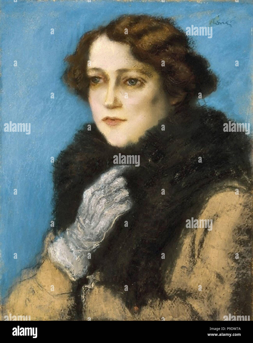 Jozsef Rippl-Ronai-Dame in weißen Handschuhen mit weißem Pelz Kragen (Porträt von Terka Linzer) Stockfoto