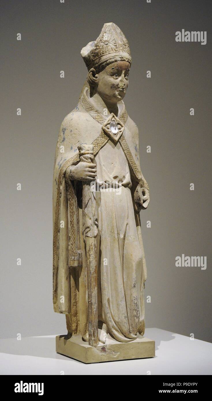 Jordi de Deu (aktive ca.1363-1418). Spanischer Bildhauer. Skulptur des Heiligen Eligius, ca.1380. Von der Kapelle von Sant Eloi (Sankt Eligius). Kloster von El Carme, Barcelona. Nationalen Kunstmuseum von Katalonien. Barcelona. Katalonien. Spanien. Stockfoto