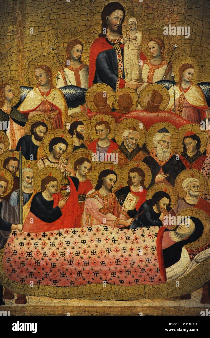 Meister der Cini Madonna (aktiv im ersten Drittel des 14. Jahrhunderts). Dormition der Jungfrau, ca.1330. Teil eines Altarbildes. Wahrscheinlich aus einer Franziskanerkirche. Nationalen Kunstmuseum von Katalonien. Barcelona. Katalonien. Spanien. Stockfoto