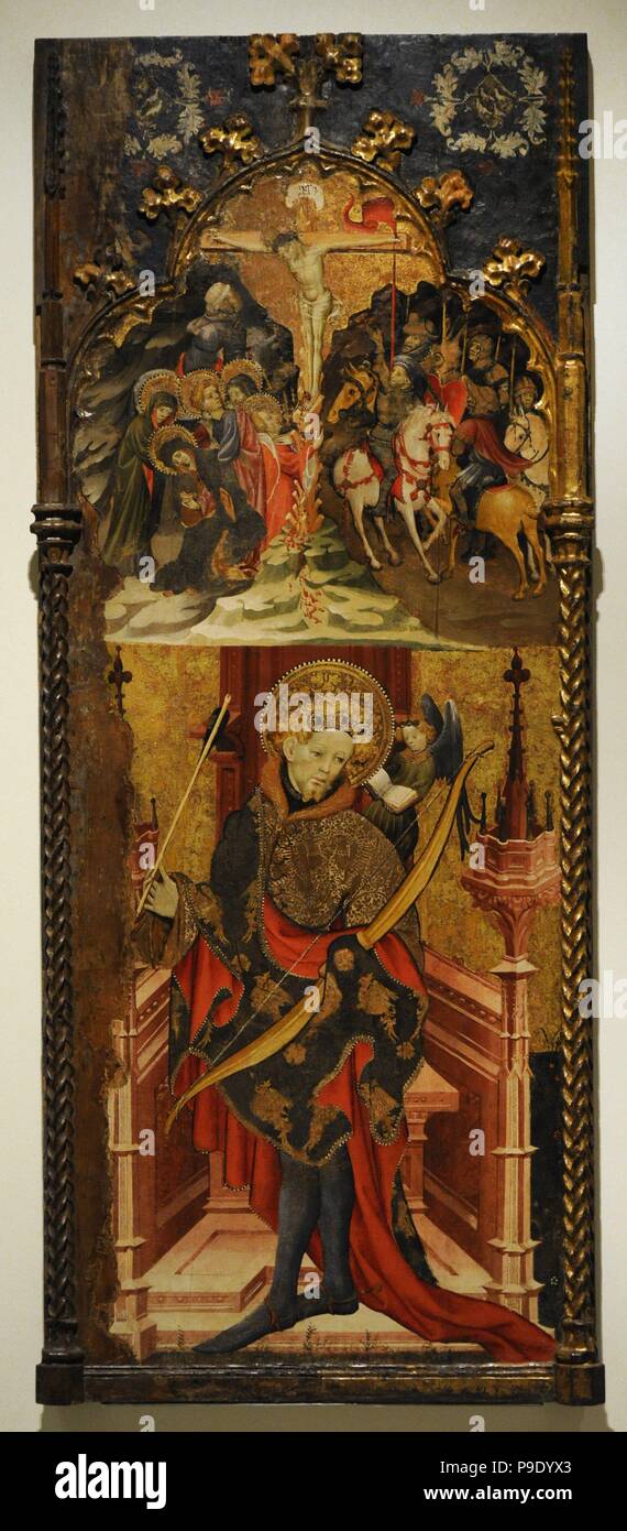 Joan Mates (ca.1370-1431). Spanische Malerei. Kalvarienberg und St. Sebastian, 1417-1425. Mitteltafel des Altars von Sankt Sebastian. Von der Mensa-Kapelle des Pia Almoina, Barcelona. Nationalen Kunstmuseum von Katalonien. Barcelona. Katalonien. Spanien. Stockfoto