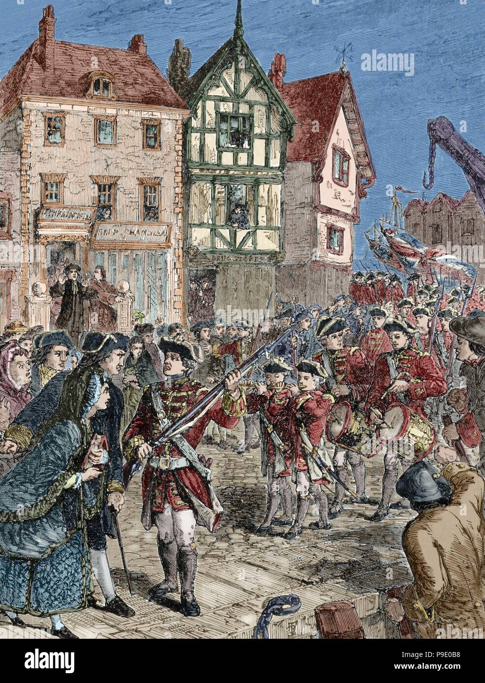 Amerikanischer Unabhängigkeitskrieg (1775-1783). Boston. Bürgerinnen und Bürger feindselig gegenüber den britischen Soldaten. Gravur. des 19. Jahrhunderts. Farbige. Stockfoto