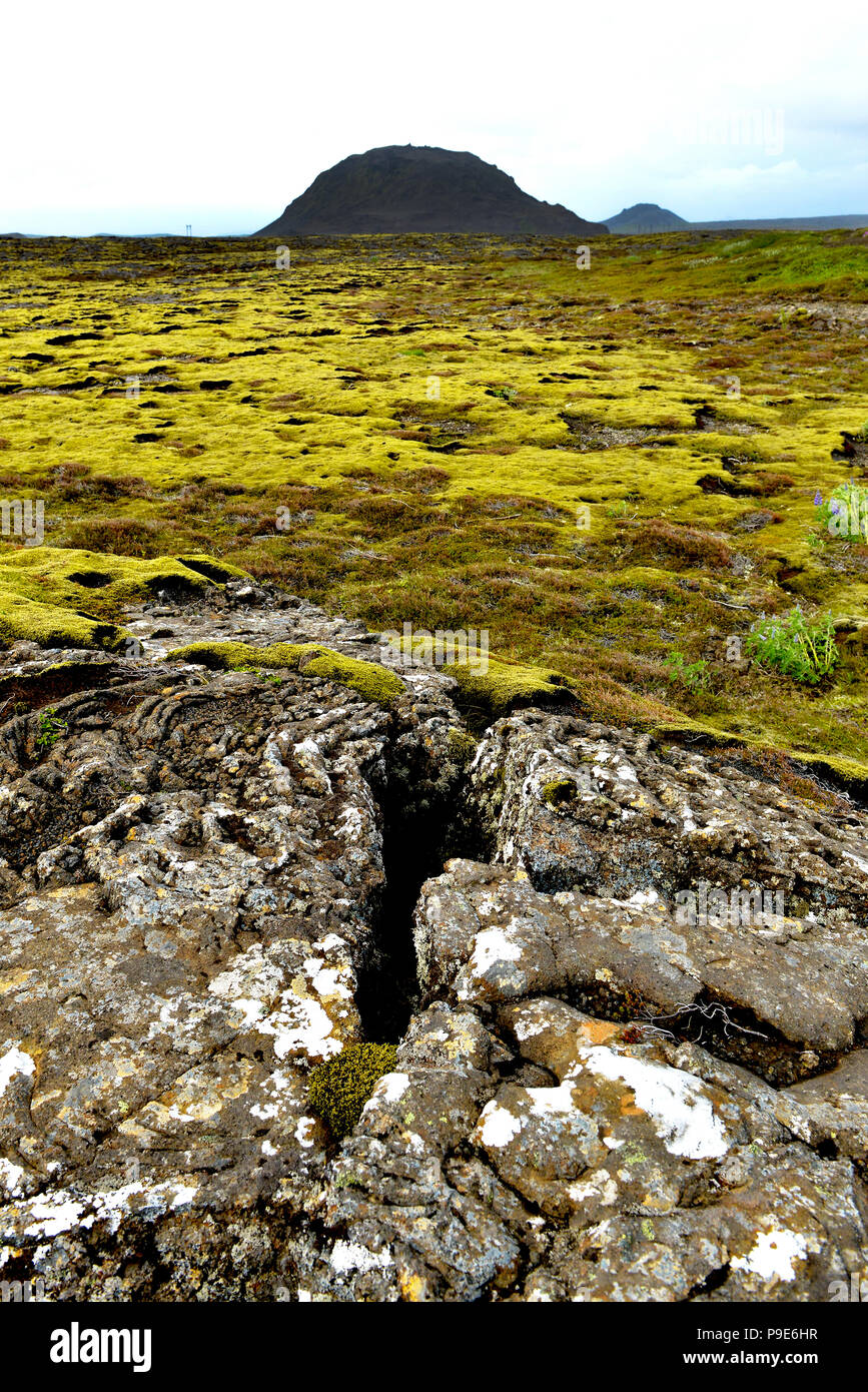 Vulkanischer lava Landschaft und die entfernten Berge in Island geknackt Stockfoto