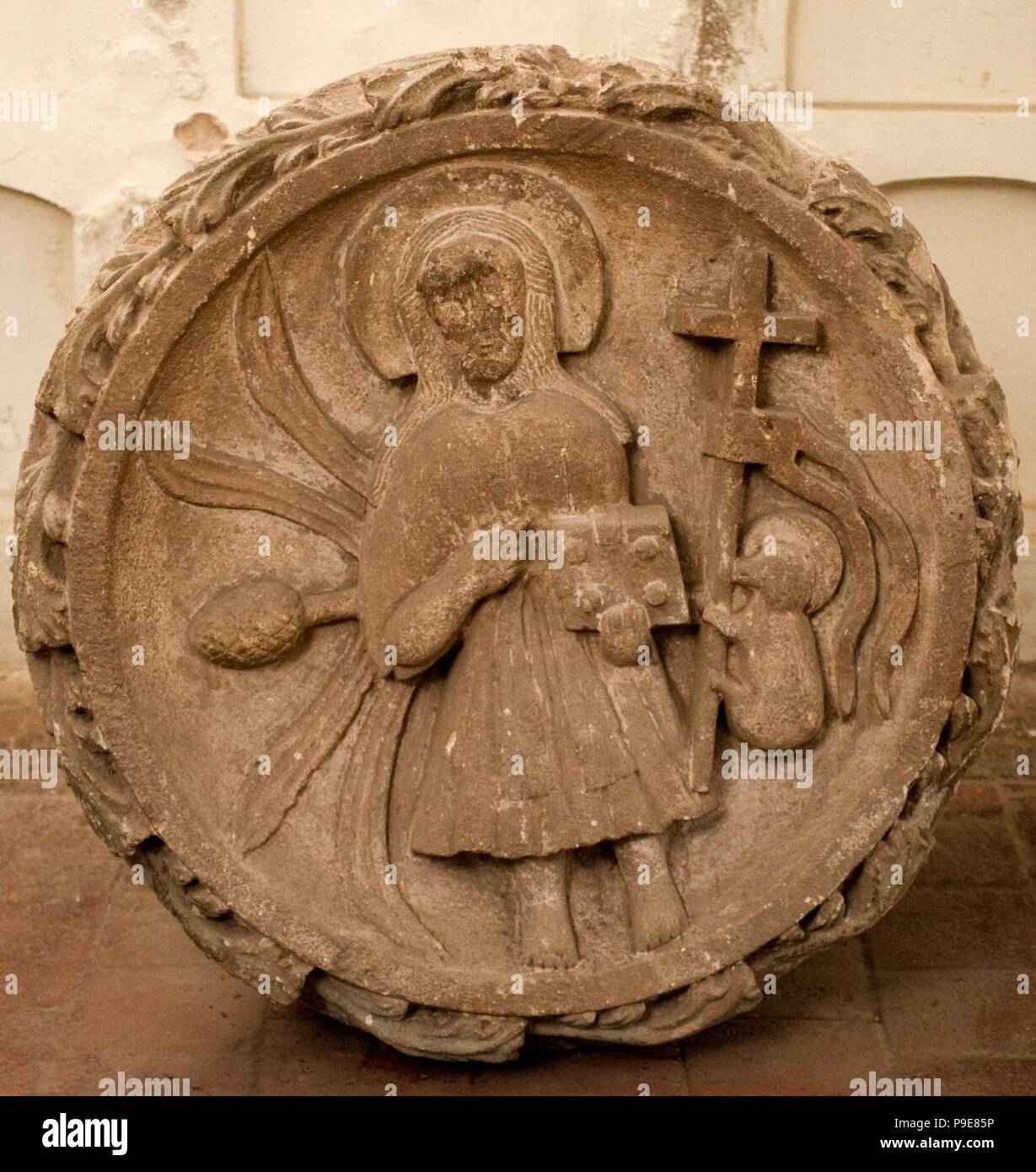 Schlüssel des Bogens von der Basilika von Santa María de Mataró, 15. Jahrhundert, architektonisches Element. Stockfoto