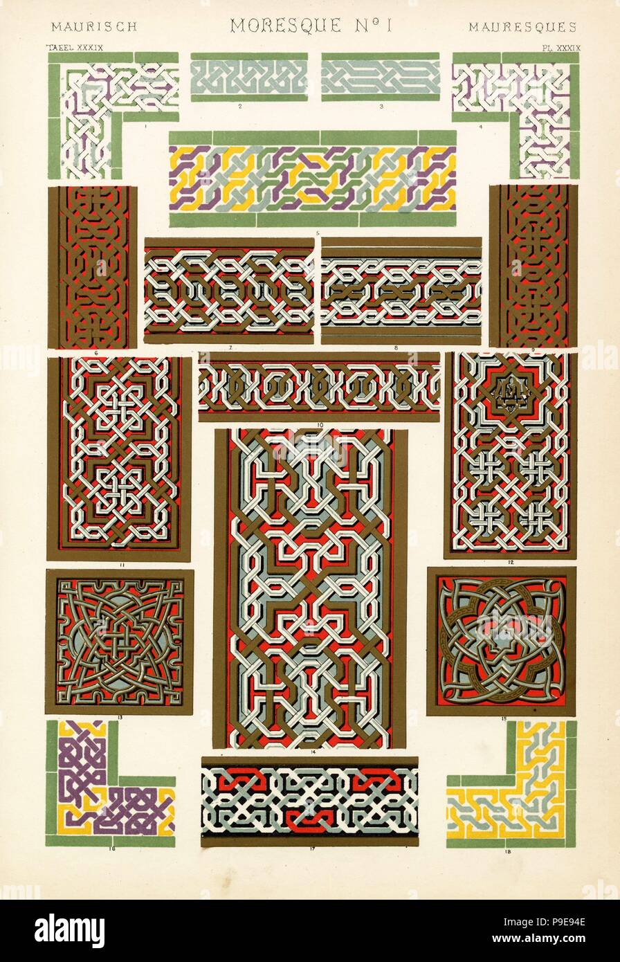 Sorten von Maurischen interlaced Designs von der Alhambra, Granada, Spanien. Grenzt an Mosaik Dados, 1-5, 16,18, Gips Verzierungen an den Wänden 6-12, 14, quadratisch hält 13,15, und Ornament aus der große Bogen in der Halle des Boot 17. Chromolithograph von Francis Bedford von Owen Jones' der Grammatik von Ornament, Quaritch, London, 1868. Stockfoto