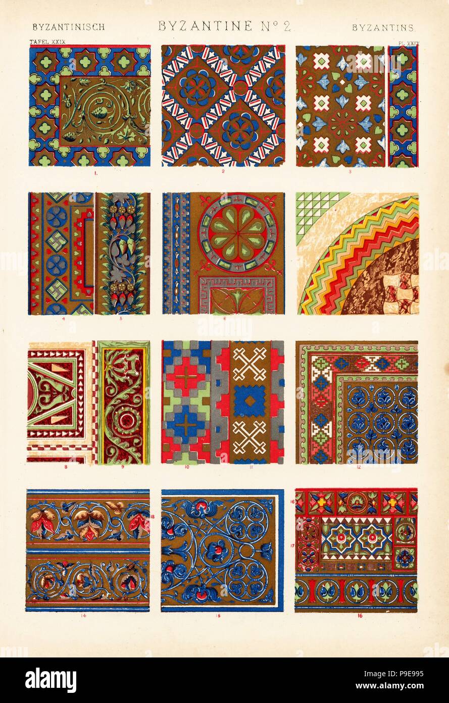 Malte byzantinischen Verzierungen. Von C 6 Mosaiken und Marmor Gehwege in Sta. Sofia, Konstantinopel, 1-6, 8-9, 10-11, Marmor Pflaster in Agios Pantokrator 7, beleuchtete griechische Handschrift 12-17, von St. Markus in Venedig 18,24, Griechische Handschriften 19-23 26-29, Emaille, Marmor Pflaster St. Denis 30. Chromolithograph von Francis Bedford von Owen Jones' der Grammatik von Ornament, Quaritch, London, 1868. Stockfoto