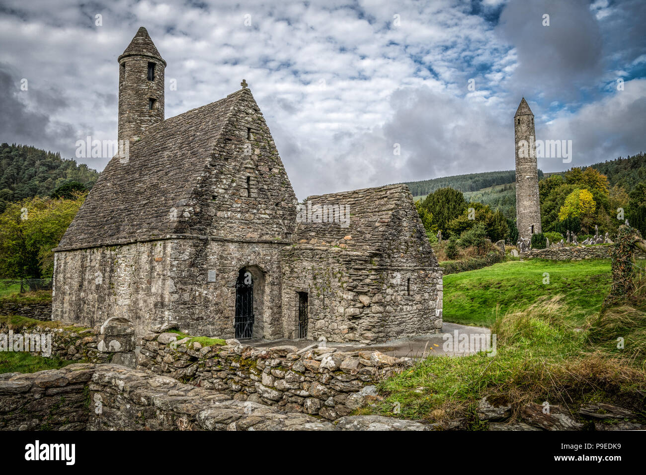 Glendalough Klosteranlage Stockfoto
