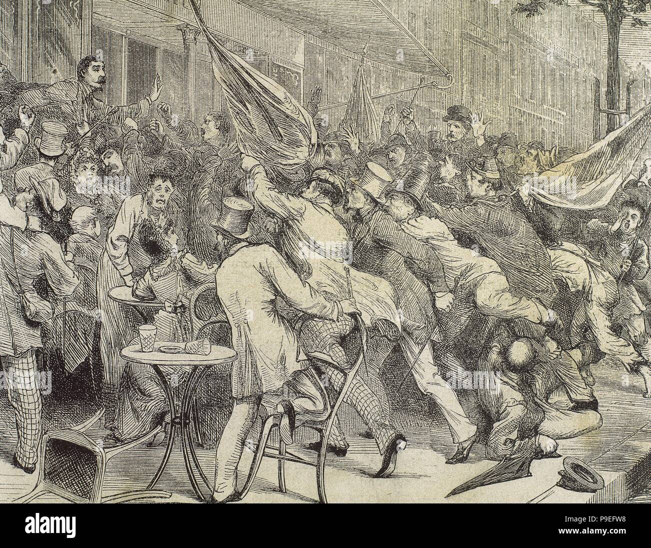 Deutsch-französischen Krieg (1870-1871). Paris. Boulevard Montmartre. Reaktion der Menschen, wenn er die Niederlage der Franzosen in Forbach kennt. Gravur "Die spanische und amerikanische Illustration', 1870. Stockfoto