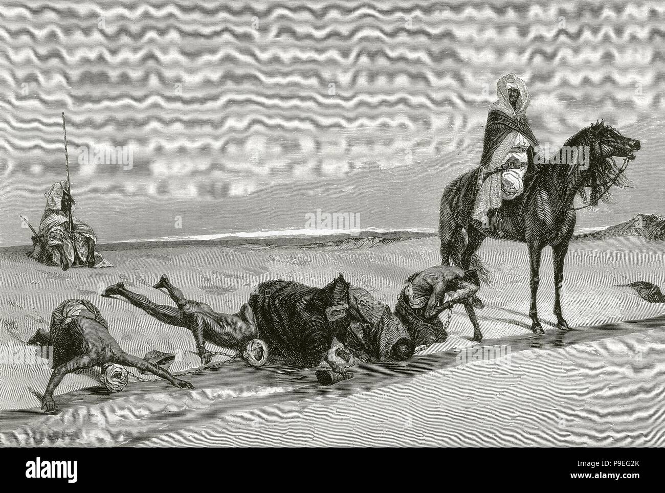 Slave Wohnwagen in der Wüste. Einen Stopp auf der Reise für Trinkwasser. Gravur. 19. Stockfoto