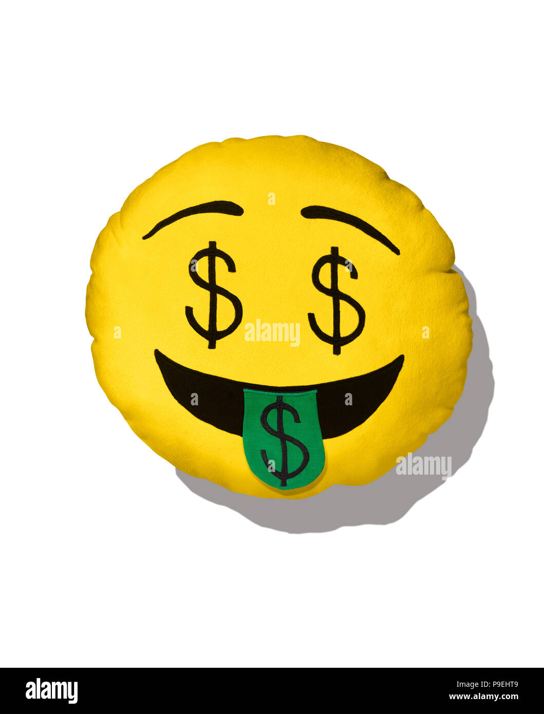 Eine bunte Schuß der Dollarzeichen Emoji Kissen. Stockfoto
