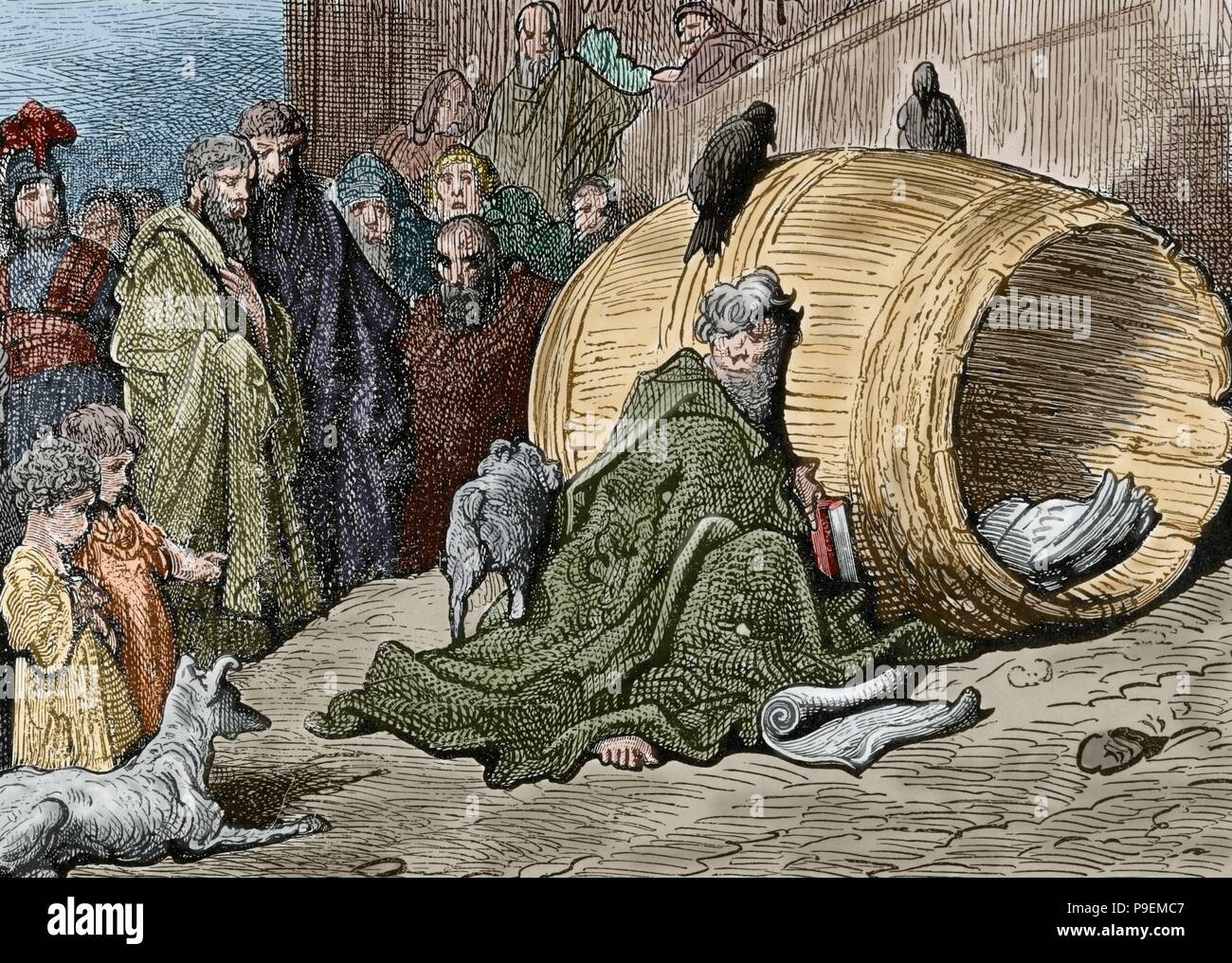 Diogenes (412-323 v. Chr.). Der griechische Philosoph. Einer der Gründer  von Zyniker Philosophie. Auch bekannt als Diogenes der Zyniker. Diogenes in  seiner Tonne. Kupferstich von Gustave Dore. Gefärbt Stockfotografie - Alamy