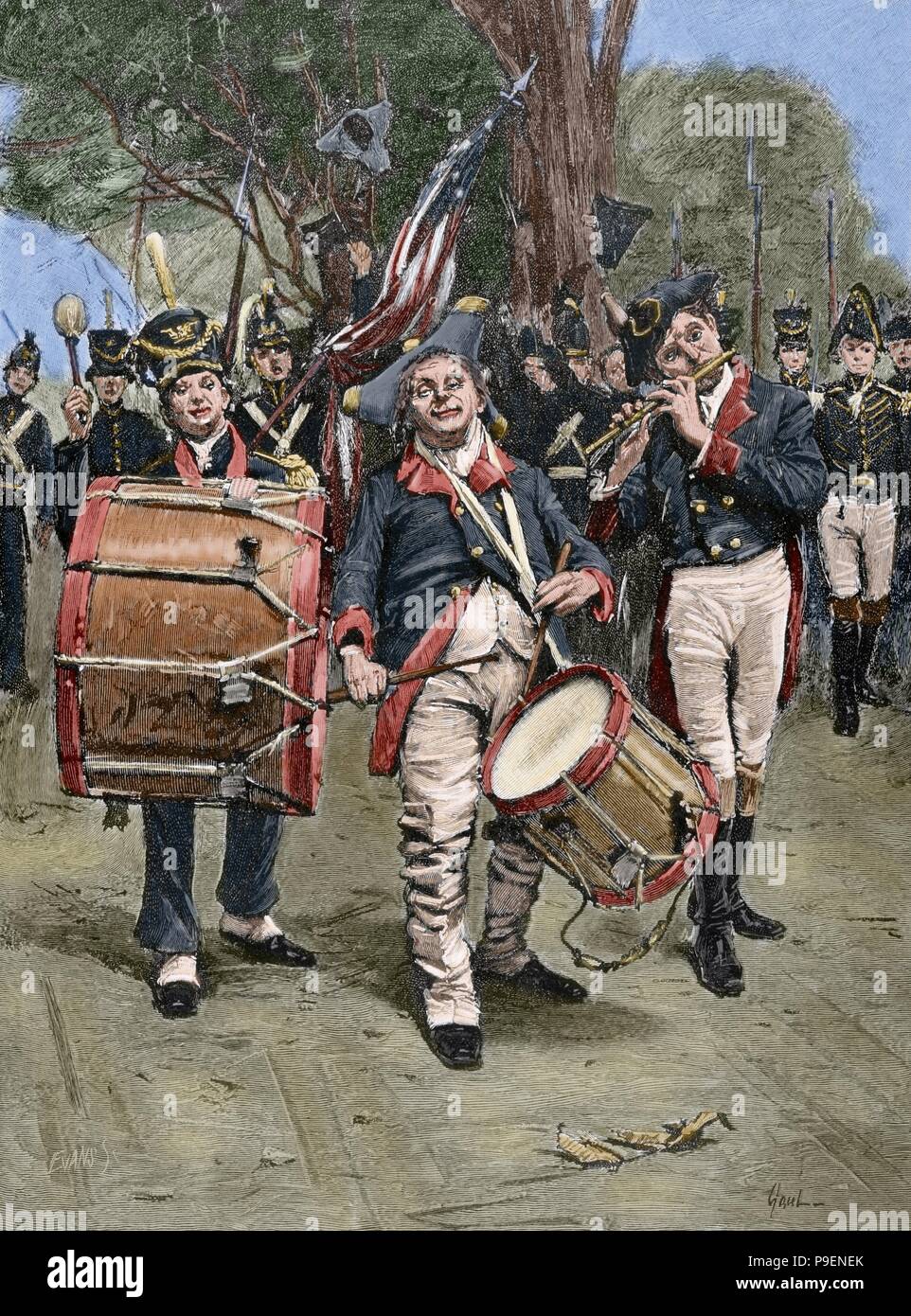 Amerikanischer Unabhängigkeitskrieg (1775-1783). Feiert den Tag der Unabhängigkeit. Kupferstich von Gilbert Gaul. Gefärbt. Stockfoto