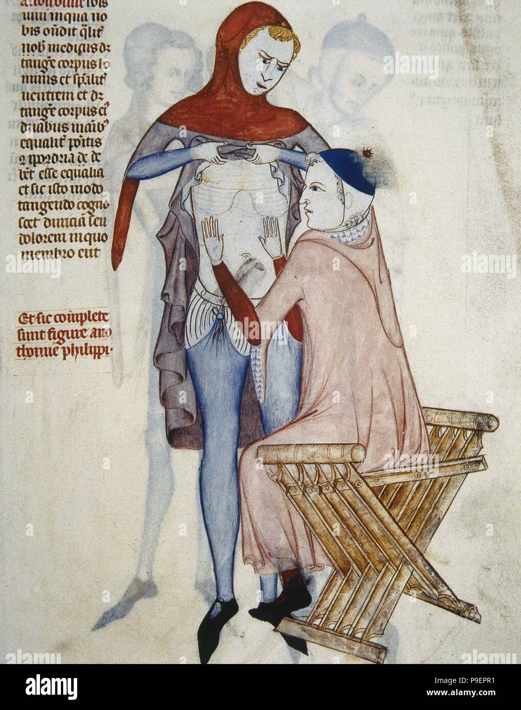 Mittelalterliche Ära. Medizinische Chirurg untersucht einen Patienten "s Thorax. 15. Jahrhundert. Anatomie der Kerl von Pavia, 1345. Anonyme Künstler. Conde Museum. Chantilly. Frankreich. Stockfoto